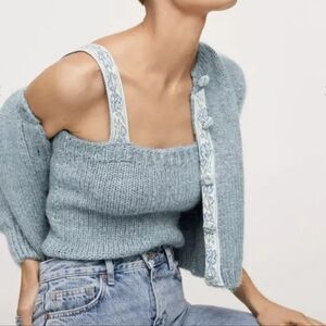 NWT Mango Blue Knit Crop Top Ribbon Straps Size Small